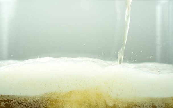 Primer plano de salpicadura de cerveza lager fresco aislado sobre fondo blanco con burbujas realistas y espuma en vidrio. Verter cerveza artesanal dorada en forma de curva de onda vista frontal textura espuma para el diseño de menú de bar y bar
 - Foto, Imagen