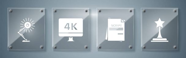 Ορισμός τρόπαιο ταινία, Σενάριο, οθόνη υπολογιστή Pc με 4k τεχνολογία βίντεο και επιτραπέζιο λαμπτήρα. Τετράγωνα γυάλινα πάνελ. Διάνυσμα - Διάνυσμα, εικόνα