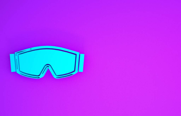Блакитні лижні окуляри ізольовані на фіолетовому фоні. Екстремальний спорт. Спортивне обладнання. Концепція мінімалізму. 3D ілюстрація 3D рендеринга
 - Фото, зображення