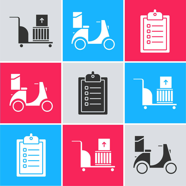 Set Elektrické ruční vozík a krabice, Dodávka skútru a Ověření seznamu dodávek ikony schránky. Vektor - Vektor, obrázek