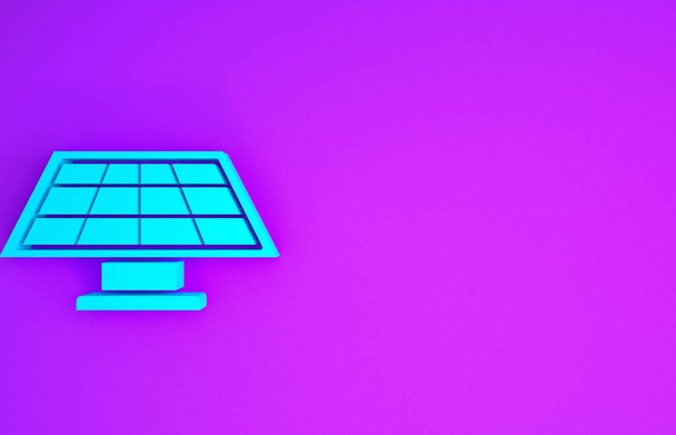 Icona pannello energia solare blu isolato su sfondo viola. Concetto minimalista. Illustrazione 3d rendering 3D - Foto, immagini