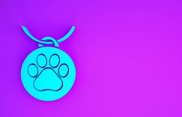 Collar azul con icono de etiqueta de nombre aislado sobre fondo púrpura. Suministros para animales domésticos. Huella de pata de perro o gato. Cuidado de gatos y perros. Cadenas para mascotas. Concepto minimalista. 3D ilustración 3D render
 - Foto, imagen