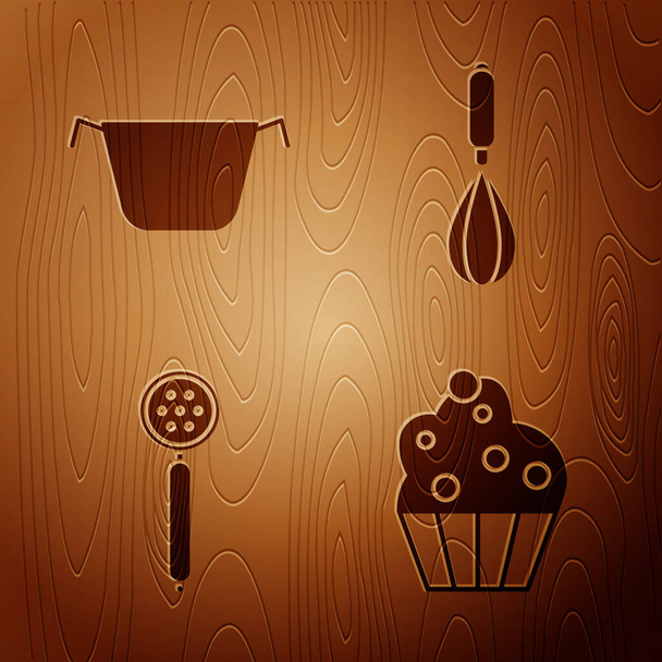 Çörek, tencere, süzgeç kaşığı ve mutfak çırpıcısını tahta arka planda ayarla. Vektör - Vektör, Görsel