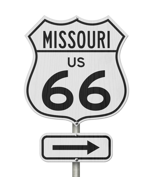 Missouri Us útvonal 66 kirándulás Egyesült Államok autópálya útjelző tábla elszigetelt fehér - Fotó, kép