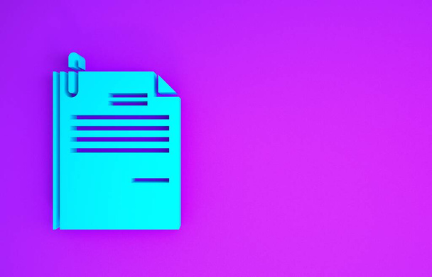 Blaues Dokument und Büroklammersymbol isoliert auf violettem Hintergrund. Checklisten-Symbol. Geschäftskonzept. Minimalismus-Konzept. 3D Illustration 3D Renderer - Foto, Bild