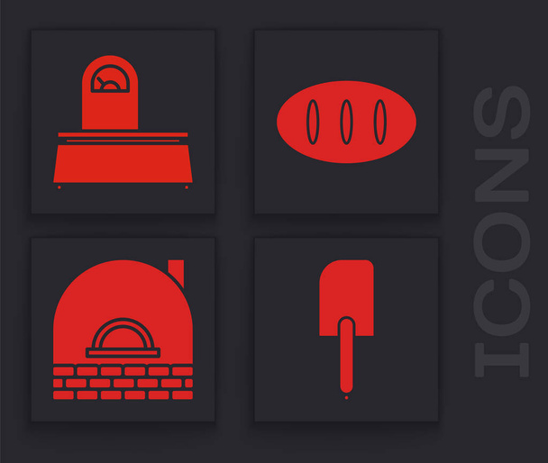 Set Spatula, Scales, Bread loaf and Brick stove icon. Вектор
 - Вектор,изображение