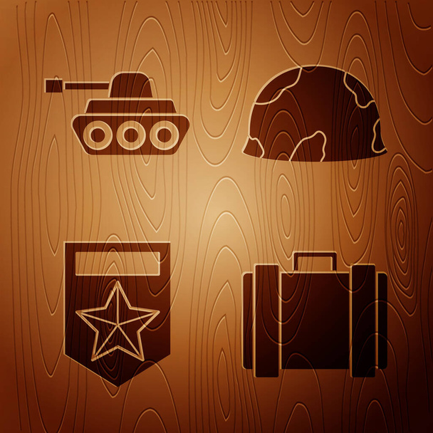 Aseta sotilaallinen ammuslaatikko, sotilastankki, Chevron ja sotilaskypärä puupohjalle. Vektori
 - Vektori, kuva