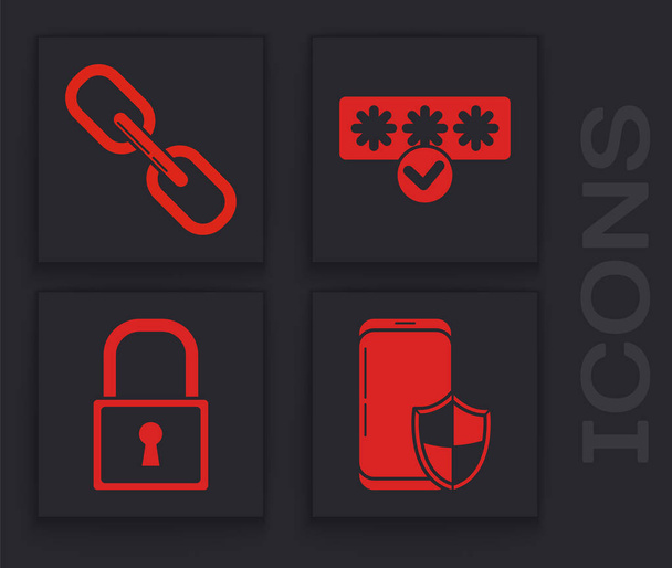Zestaw Smartphone z tarczą bezpieczeństwa, łącze łańcuchowe, Ochrona hasłem i bezpieczeństwa dostępu i ikona Lock. Wektor - Wektor, obraz
