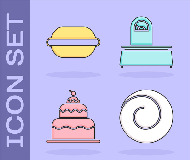 Set Roll bun se skořicí, Macaron cookie, Cake and Scales icon. Vektor - Vektor, obrázek