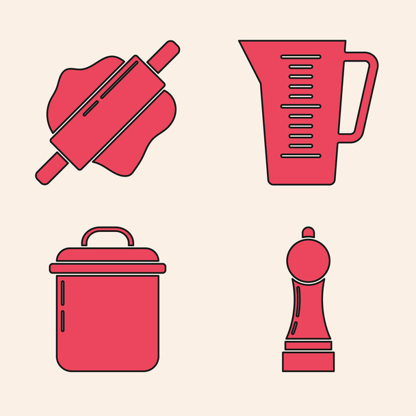 Set Pepper, Rolling pin, Measuring cup and Cooking pot icon. Вектор
 - Вектор,изображение