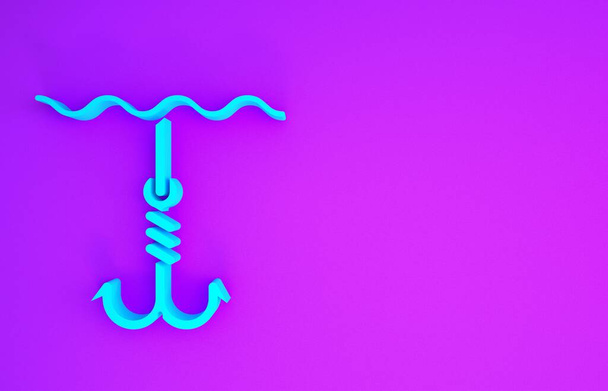 紫色の背景に隔離された水のアイコンの下の青い釣針。釣りに取り組む。最小限の概念。3Dイラスト3Dレンダリング - 写真・画像