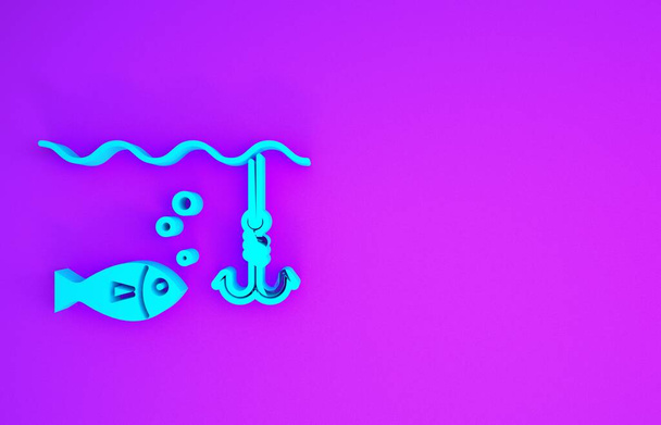 Blue Fishing hook under water with fish icon isolated on purple background. Fishing tackle. Minimalism concept. 3d illustration 3D render - Photo, Image