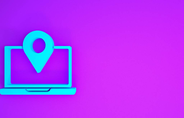 Kék Laptop a helyzetjelző ikon elszigetelt lila háttér. Minimalizmus koncepció. 3d illusztráció 3D render - Fotó, kép