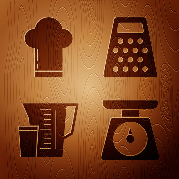 Set Scales , Chef hat , Measuring cup and Grater  on wooden background. Vector - Вектор,изображение