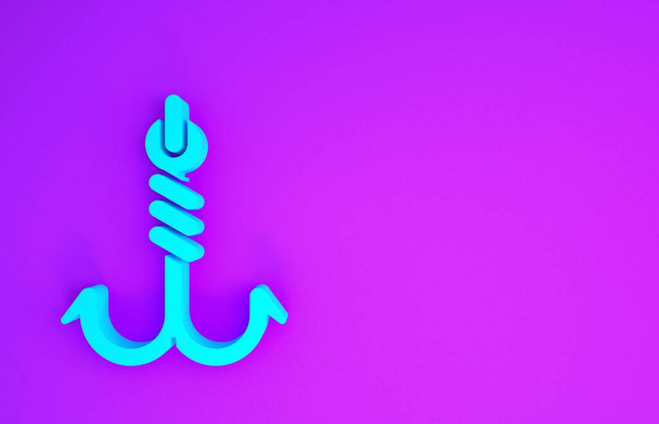Icono de anzuelo azul aislado sobre fondo púrpura. Aparejos de pesca. Concepto minimalista. 3D ilustración 3D render
 - Foto, imagen