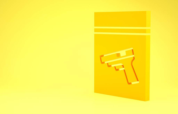 Желтая сумка Evidence и значок пистолета или пистолета на желтом фоне. Концепция минимализма. 3D-рендеринг
 - Фото, изображение
