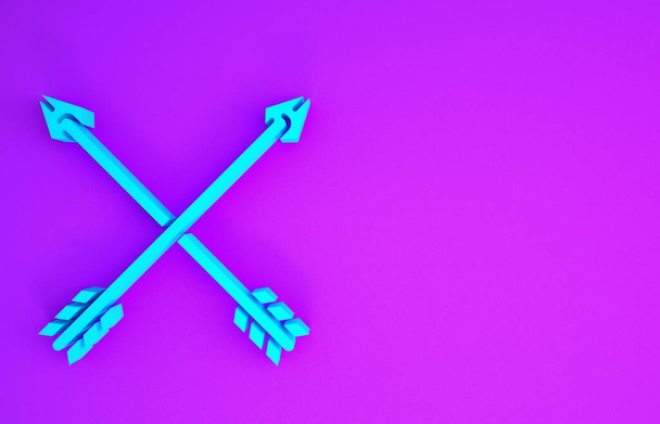 Flechas cruzadas azules icono aislado sobre fondo púrpura. Concepto minimalista. 3D ilustración 3D render - Foto, imagen