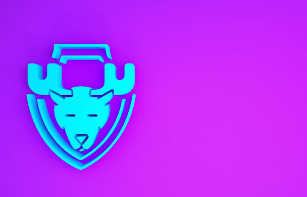Kék jávorszarvas fej pajzs ikon elszigetelt lila háttér. Vadásztrófea a falon. Minimalizmus koncepció. 3d illusztráció 3d render - Fotó, kép