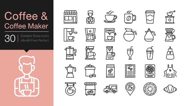 Kávé és kávéfőző ikonok. Modern vonaltervezés. Előadáshoz, grafikai tervezéshez, mobil alkalmazáshoz, webdizájnhoz, infografikához, UI. Szerkesztő Stroke. Vektorillusztráció. - Vektor, kép