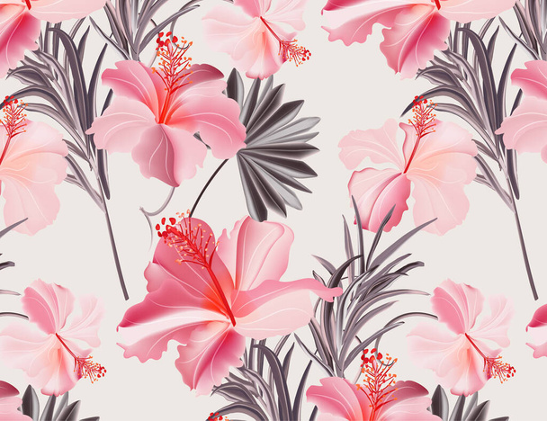 Pink hibiscus summer pattern. Beach floral plant texture, paradise coast summer tropical jungle decoration. Vector design. - Vector, afbeelding
