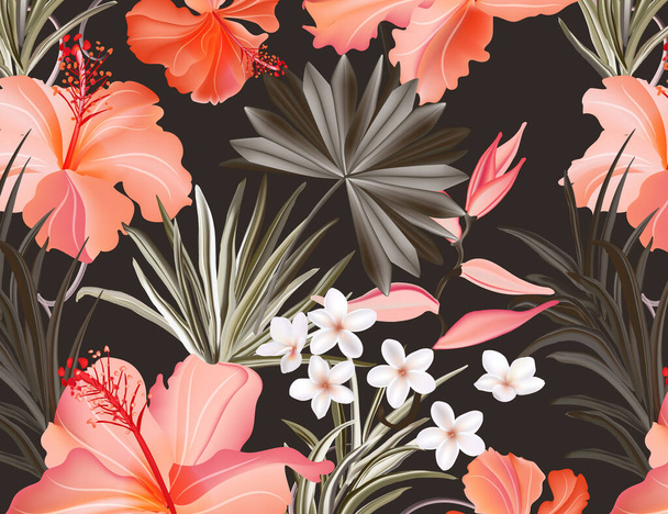 Exotic tropical hibiscus flower, strelitzia branch, palm leaves floral paradise pattern. Rainforest jungle wallpaper in vector. - Vector, afbeelding