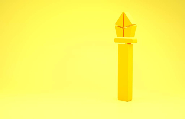 Желтый значок волшебного посоха выделен на желтом фоне. Волшебная палочка, скипетр, палочка, стержень. Концепция минимализма. 3D-рендеринг
 - Фото, изображение