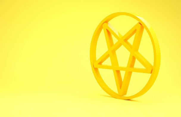 Yellow Pentagram in a circle icon isolated on yellow background. Magic occult star symbol. Minimalism concept. 3d illustration 3D render - Photo, Image