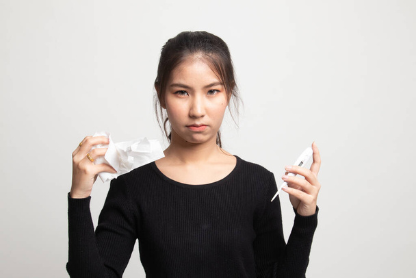 Young Asian woman got sick and flu on white background - Zdjęcie, obraz