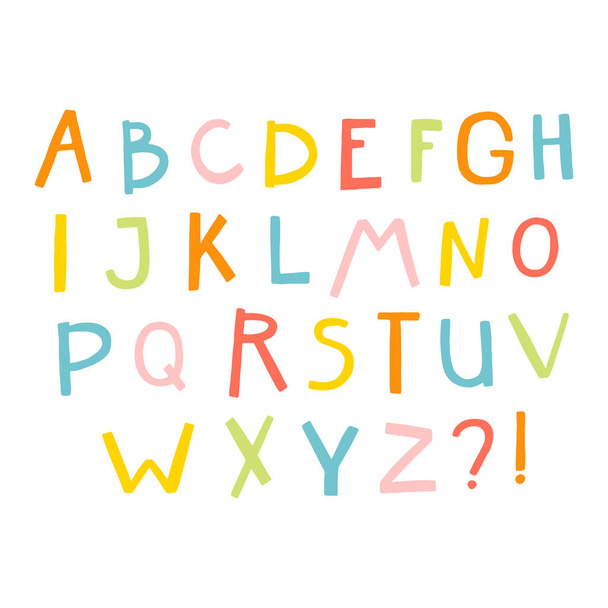 Comic scandinavian alphabet. Childish vector thin latin letters in hand-drawn style. Colorful palette. - Wektor, obraz