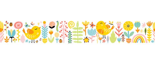 Весняний безшовний кордон з милими птахами-карикатурами з курчатами, квітами, веселкою, комахами в барвистій палітрі. Векторні дитячі ілюстрації в ручному скандинавському стилі. - Вектор, зображення