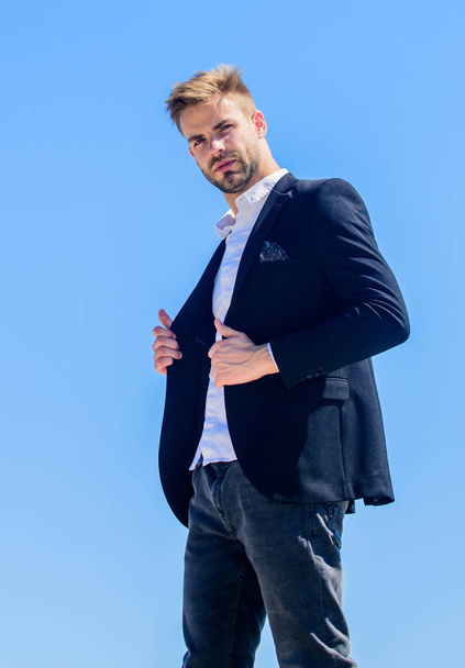 Ready to work. Male fashion. Formal style. Confident handsome businessman. Handsome man fashion model. Handsome guy posing in formal suit blue sky background. Office worker. Looking impeccable - 写真・画像