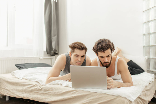 handsome caucasian gays have leisure time at home - Foto, Imagen