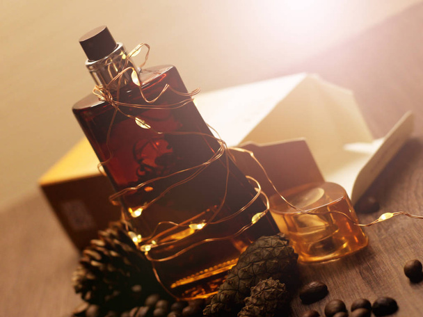 Perfume em vidro marrom e cones de abeto, composição de fragrância, objeto de luxo
 - Foto, Imagem