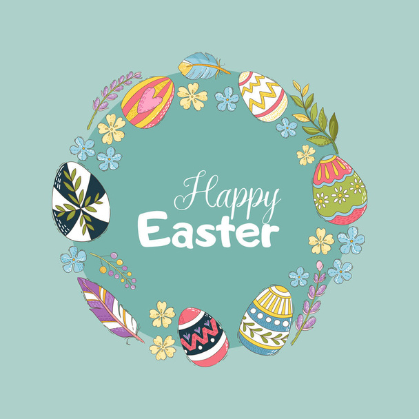 Easter greeting card with eggs and flowers. Vector illustration - Vector, Imagen