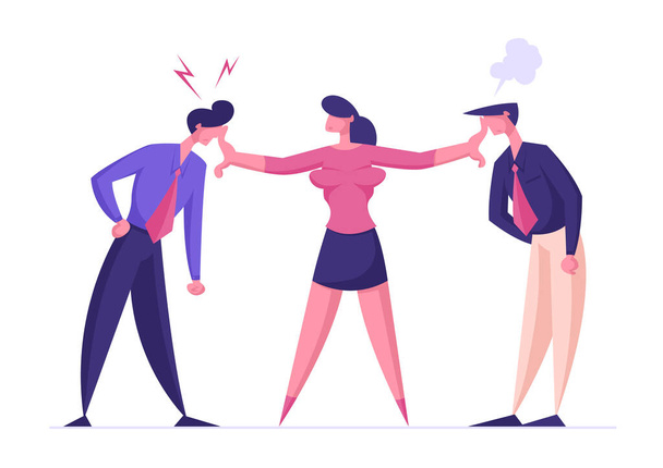 Businesswoman Mediator Trying to Stop Arguing Businessmen. Disagreement, Men Prepare to Fight. Business Competition for Leadership, Challenge Different Point of View. Cartoon Flat Vector Illustration - Vector, Image