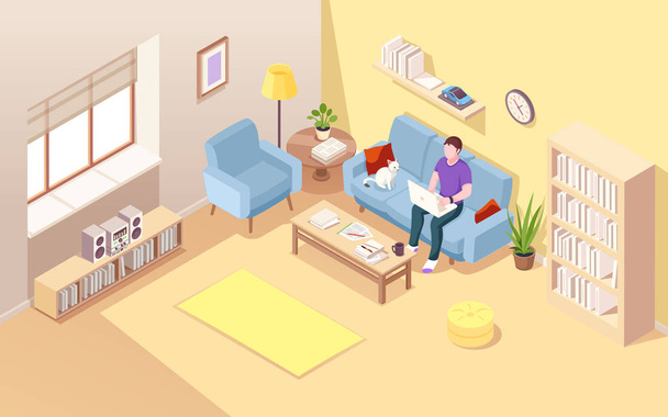 Isométrica sala de estar com homem freelancer
 - Vetor, Imagem