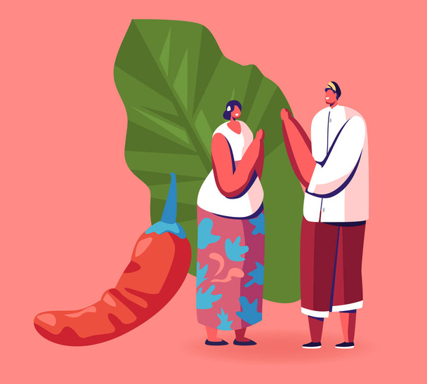 Młody pozytywny malezyjski mężczyzna i kobieta w tradycyjnych strojach witając się nawzajem w pobliżu ogromnego Red Chilli Pepper i zielony liść, Składnik do gotowania pikantny Hot Meal. Ilustracja wektora płaskiego kreskówki - Wektor, obraz