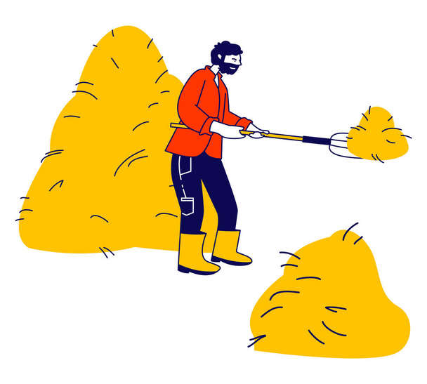 Farmer Holding Pitchfork and Sticking it into Haystack. Villager Work at Summertime in Village or Farm Harvesting and Raking Hay in Sheaf, Agriculture Cartoon Flat Vector Illustration, Line Art - Vector, Image