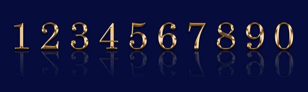 Golden numbers 1,2,3,4,5,6,7,8,9,9 on a blue background - Foto, imagen