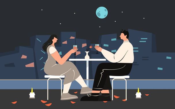 Couple enjoying romantic evening sitting on table drinking wine on roof vector flat illustration - Vektör, Görsel