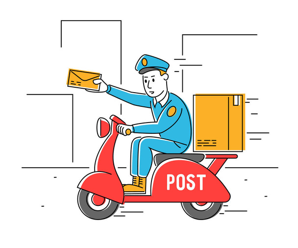 Postman Shipping Parcel and Mail by Scooter. Courier Man Hold Paper Envelop in Hand. Mailman Character Delivering Post on Moped. Express Delivery Service Cartoon Flat Vector Illustration, Line Art - Vector, Image