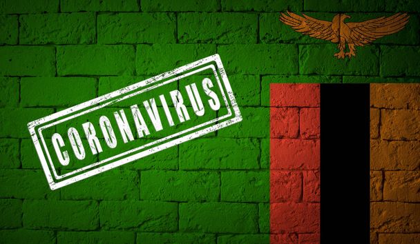 Bandiera dello Zambia sulla struttura del muro di mattoni. timbrato di Coronavirus. Concetto di virus Corona. Sull'orlo di una pandemia COVID-19 o 2019-nCoV. Romanzo focolaio di Coronavirus cinese
 - Foto, immagini