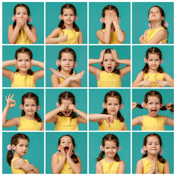 colagem de retratos de menina com emoções diferentes
 - Foto, Imagem