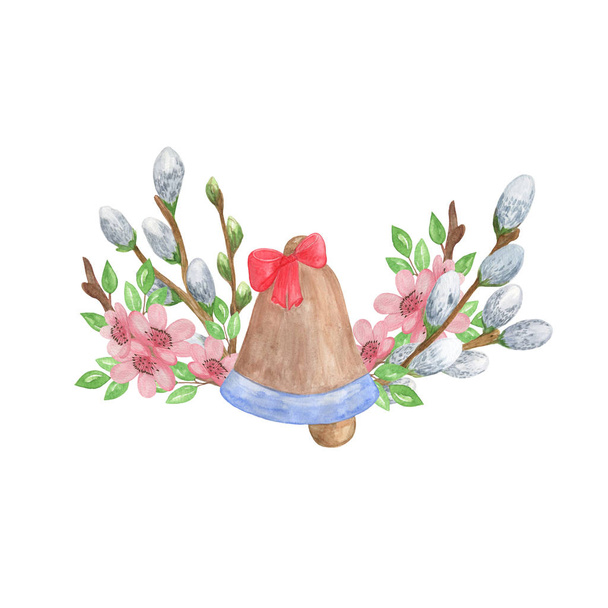 Acuarela dibujada a mano composición de Pascua con campana de Pascua, ramas de sauce coño, flor de cerezo para hacer tarjetas de felicitación, invitaciones, pancartas, decoraciones de vacaciones de primavera
 - Foto, Imagen