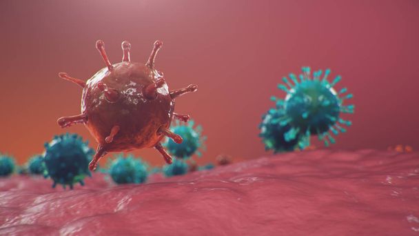 Coronavirus uitbraak. Pathogeen dat de luchtwegen aantast. COVID-19 infectie. Concept van een pandemie, virale infectie. Coronavirus in een mens. Virale infectie, 3D illustratie - Foto, afbeelding