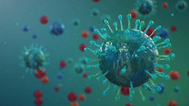 3D ilustracja Koncepcja Coronavirus pod mikroskopem. Rozprzestrzenianie się wirusa w człowieku. Epidemia, pandemia układu oddechowego. Śmiertelne zakażenie wirusowe. - Zdjęcie, obraz