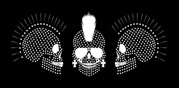 Punkové lebky s Mohawk a sluneční brýle bílé tečky na pozadí - Vektor, obrázek