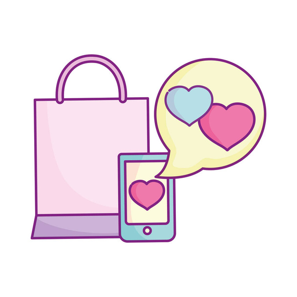 happy valentines day, smartphone love message shopping bag - Vektor, Bild