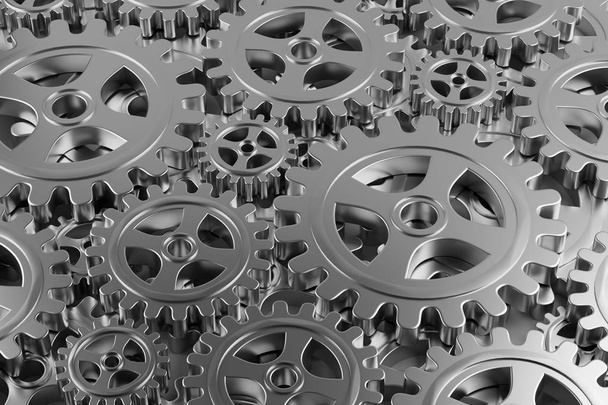 Heap of mechanical gear cogwheels background - industry, teamwork, solution or cooperation concept, 3D illustration - 写真・画像