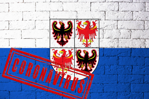 Σημαία των περιφερειών της Ιταλίας Trentino Alto Adige με πρωτότυπες αναλογίες. σφραγίδα του Coronavirus. υφή τούβλου τοίχου. Ιός Κορόνα. Στα πρόθυρα πανδημίας COVID-19 ή 2019-nCoV. - Φωτογραφία, εικόνα